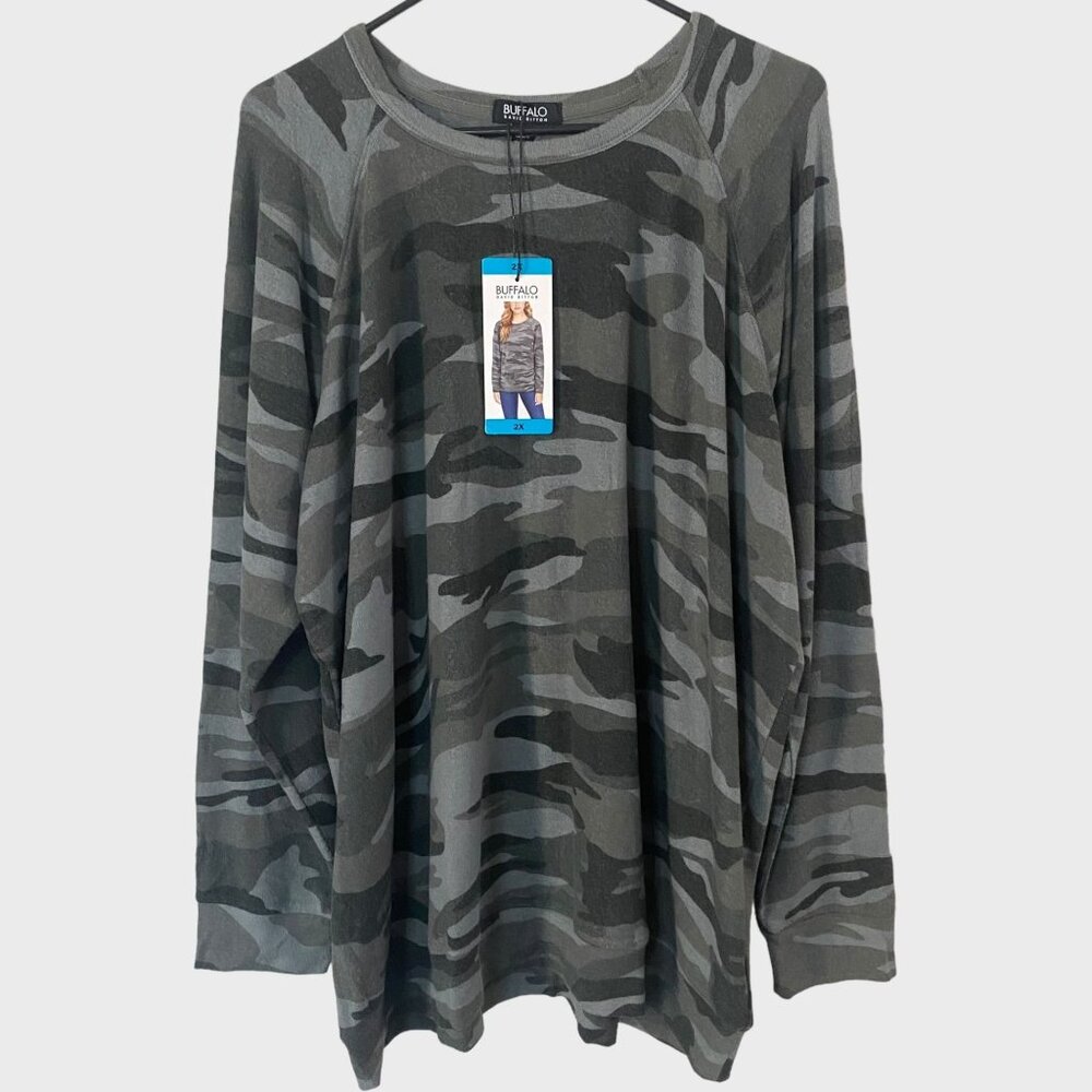 Buffalo David Bitton Camo Scoop-Neck Sweatshirt Gray Women's Plus Size 2X New